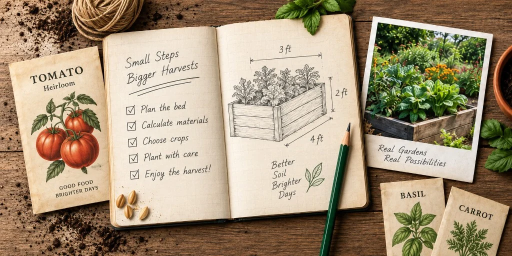 Garden planning notebook with raised-bed sketches, seed packets, and a vegetable garden photo on a wooden workbench