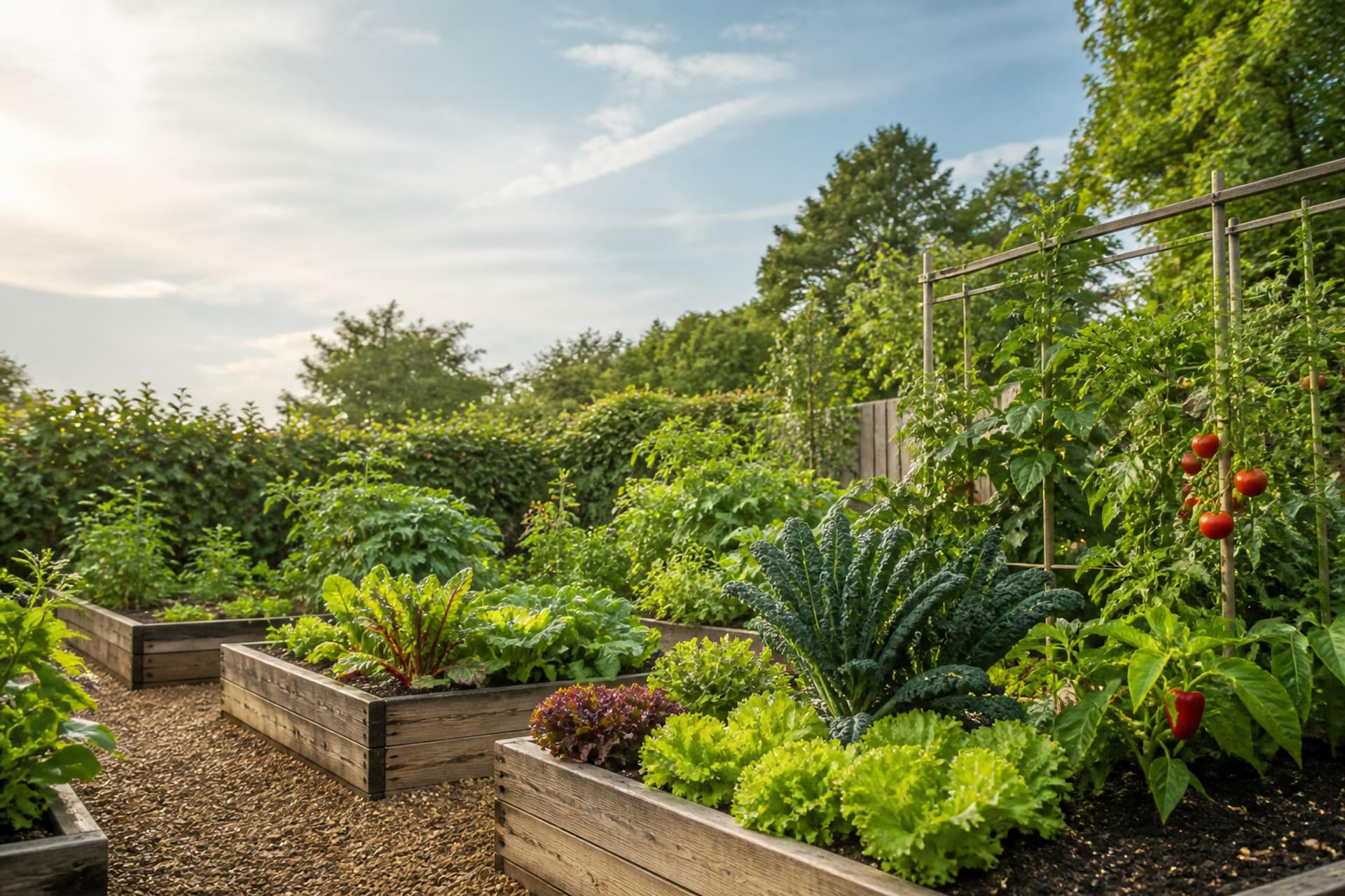 Wooden raised beds planted with lettuce, kale, peppers, and tomatoes in a backyard garden